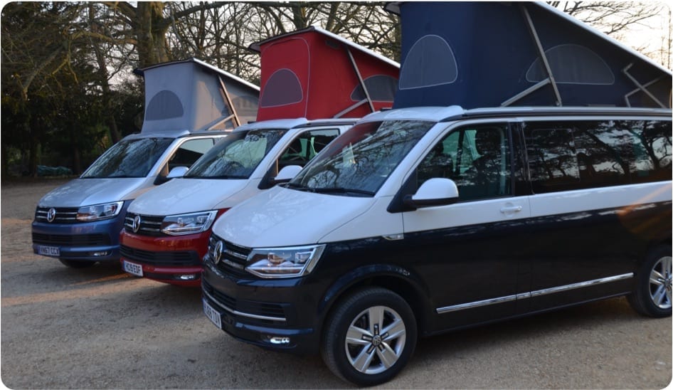 A photo showing the range of campervans available to hire from our Southampton based company.