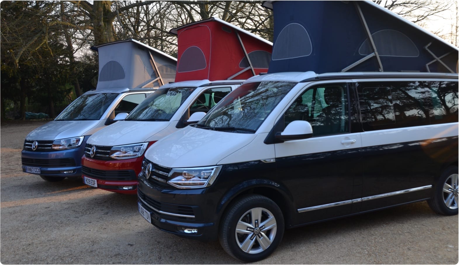 A photo with 3 different VW campervans which are available for hire from Southampton campers.