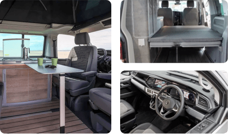 A montage of images inside of a VW campervan.