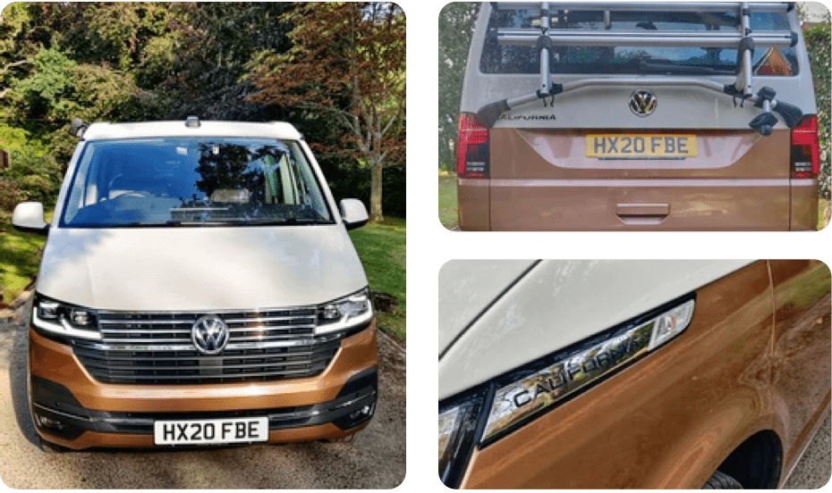 3 images of a brown and white VW campervan available for hire from Southampton campers.