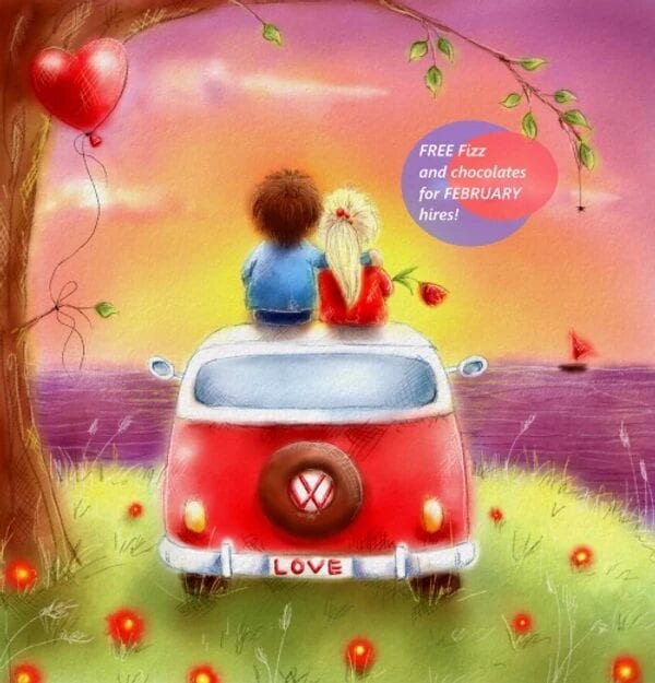A graphic of a valentines card with a VW campervan on it.