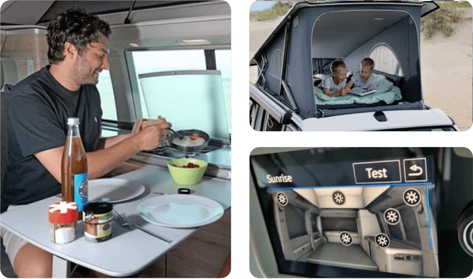 A collection of photos of people enjoying their time inside of a VW campervan.
