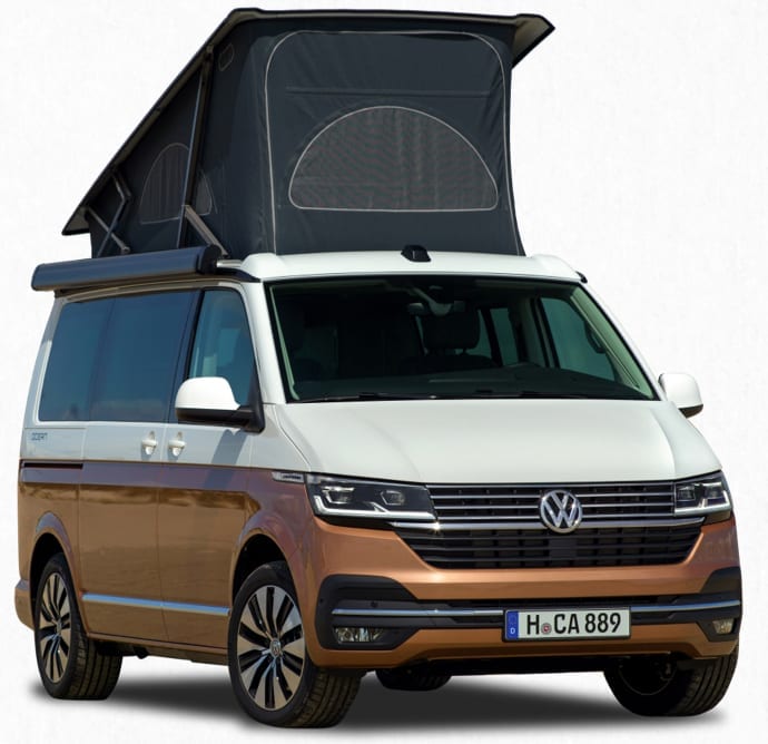 A studio image of a two tone VW campervan for hire.