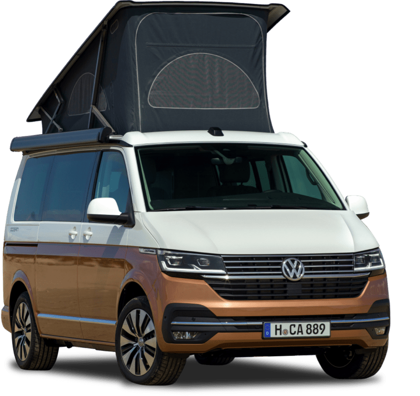 A studio image of a brown and white VW campervan.